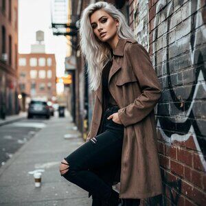 Ookie & Lala Scuba & Faux Suede Long Trench Coat - Brown - Small - NWT